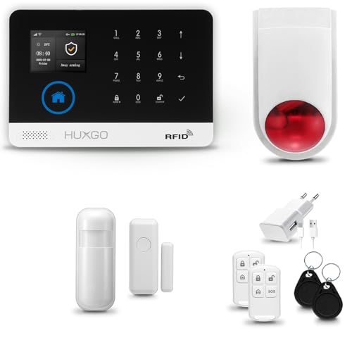 HUXGO® HXA003 Sistema di allarme casa senza fili con radio Sirena esterna WiFi + GSM | Impianto allarme casa kit con 1x sensori di allarme per finestre/portes, 1x rilevatori di movimento