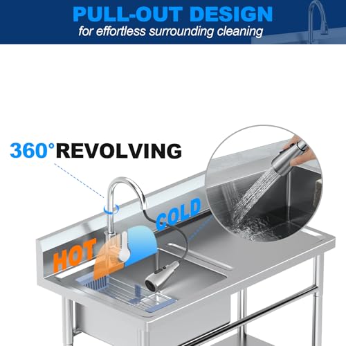 Image of Stainless Steel Utility Sink Freestanding Single Bowl Laundry Sink with 360 Swivel Pull-Out Sprayer Faucet, Hot and Cold Water Plumbing Workbench for Laundry Room Farmhouse