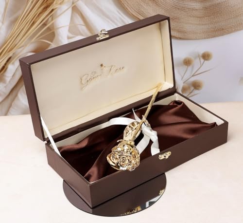Image of Gold Handmade 24K Gold Dipped Rose with Gift Box | Antique Shiny & Real Preserved Flower for Women, Ideal for Anniversary, Valentine's Day, Fathers Day, Birthday, Wedding, Wife and Girlfriend