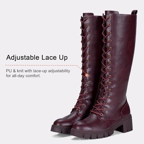 Image of Vepose Women's 953 Knee High Combat Boots Chunky Platform Heel, Lace Up Gothic Punk Work Boots for Dresses and Jeans