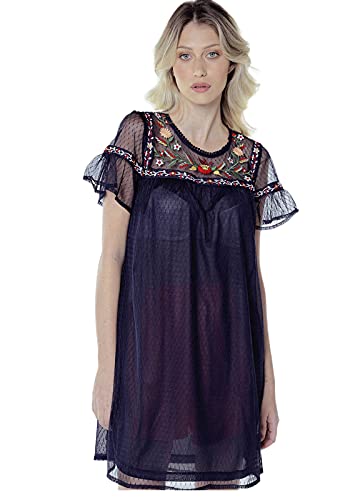 Vestido Saída de Praia com Bordado Sob Manga Curta Azul Marinho (M)