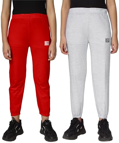 Image of KYDA KIDS Girls Mid Rise 100% Pure Cotton Track Pants | Regular Fit Elastic Waist Casual Wear | Soft Comfortable Kids Trousers (Pack of 2)