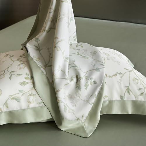 VM VOUGEMARKET Eucalyptus Lyocell Duvet Cover with 2 Pillow Shams,Vintage Garden Flower Bedding Set,Silky Soft, Cool-to-The-Touch Comforter Cover for Summer-King,Mint Green