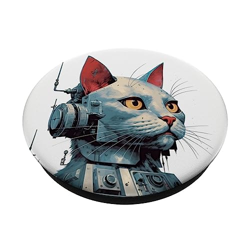 Retro Cyborg Robot Space Cat VI PopSockets Swappable PopGrip, Black - Image 2