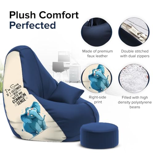 Image of Amazon Brand - Solimo 4XL Premium Faux Leather Bean Bag Combo with Footrest & Cushion, Filled with Beans | Capacity: Upto 6 Ft 5 in Height, 125 KG Weight | Common Sense Print