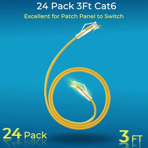 Image of Rapink Patch Cables Cat6 / Cat6a 3ft (24 Pack) Slim, Cat6a Ethernet Patch Cable 30G Support, Snagless Cat 6 Patch Cable for Patch Panel to Switch, Flexiable Cat6 Ethernet Cable Yellow