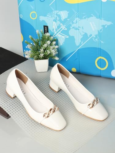 Image of ELLE Women's Square Toe Block Heels Slip-On Pumps with Chain Detail