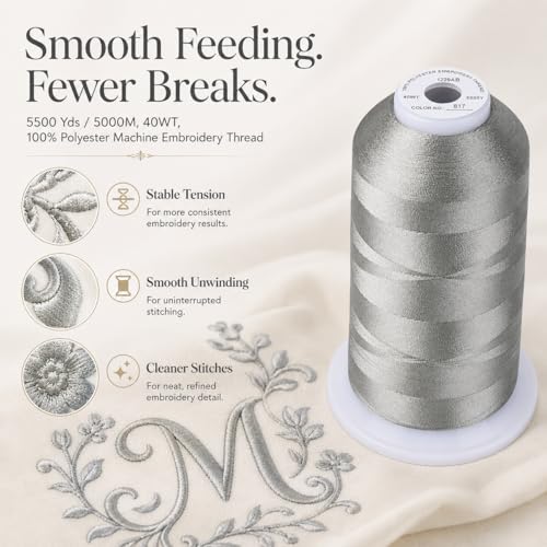 Image of Simthread Embroidery Machine Thread 5000M 40WT Polyester, Grey Satin 817 | 5000M 40WT polyester thread feeds smoothly for home or commercial embroidery projects.