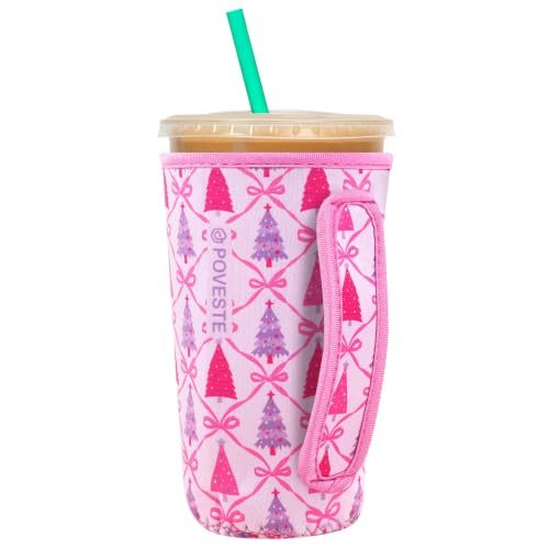Image of Reusable Neoprene Insulator Sleeve for Iced Coffee & Cold Soda, Coffee Sleeves for Iced & Hot Drinks, Cold Beverage Cooler Compatible with Starbucks, Dunkin (Christmas Tree, Large: 32oz)