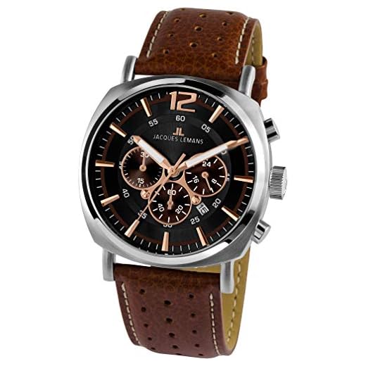JACQUES LEMANS Herrklocka Lugano läderarmband massivt rostfritt stål Chronograph 1-1645.1K