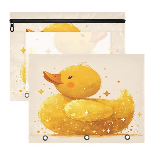 FRODOTGV Lindas bolsas para lápices de pato amarillo con 3 ojales reforzados, bolsillo de 3 agujeros para carpeta de 3 anillos, paquete de 2 suministros de oficina para profesores