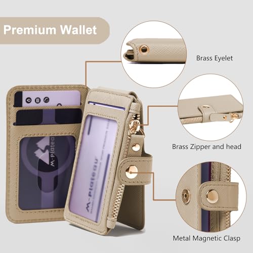 M-Plateau Wallet, Womens Wallet Leather Keychain Wallet With Zipper Coin Pocket ID Window Wrist Strap Gift Box (Khaki)2