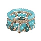 Pugnum 4Pcs Set Bohemian Bracelet for Women,Stackable Stretch Beaded Bracelets,Multilayer Hippie Boho Bracelets Charms Gift for Women Friend(Sky Blue)