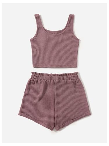 Image of RoseSeek Girl's 2 Piece Outfits Waffle Knit Scoop Neck Button Down Crop Tank Tops Paperbag Waist Track Shorts Redwood 13Y