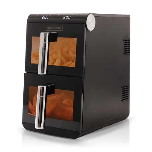 Olsen & Smith 11L Vertical Dual Stack Air Fryer with Two 5.5L Baskets, Compact Space-Saving Design, Viewing Windows, Digital Display, Touch Controls, Dual Cook Functions, 13 Pre-Sets, Black