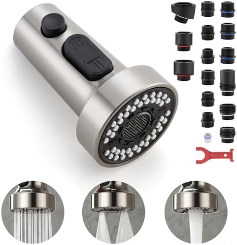 Cleaning kitchen faucet head: 5 Surprising Finds You Didn't Expect 5 TIORIY Pull Down Spray Head Replacement - for Kitchen Faucet Sprayer Head with 15 Adapters, 3 Function Pull Out Faucet Spray Nozzle, Brushed Nickel