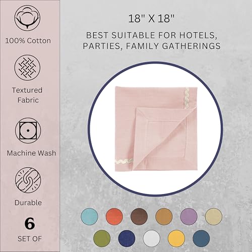 Image of FINGERCRAFT Cloth Napkins Set of 6, 18x18 Inch, 100% Cotton Table Napkins with RIC Rac Scallop Lace Trim, Reusable Washable Dinner Napkins for Wedding, Party, Dining & Home Decor (Pink)