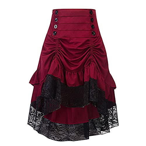 Disfraz de fiesta de cosplay para mujer, falda steampunk irregular larga, falda de cóctel, enagua festiva, falda renacentista, hasta la rodilla, con hebilla y correa, falda gótica, A rojo., S