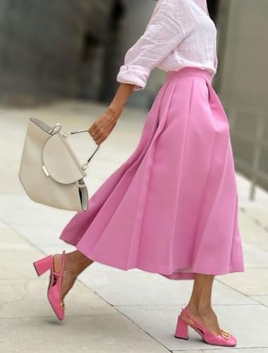 CHARTOU Women Elegant Pink Skirt High Waist Pleated A-Line Midi Long Skirt with Pockets3