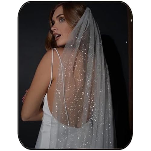 Unsutuo 1 Tier Glitter Wedding Veil Fingertip Length Bachelorette Party Veil Sparkle Bridal Veil for Women and Girls (White)
