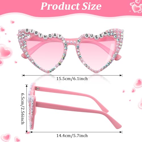 Grevosea 7 Pack Heart Sunglasses, Pink Heart Birthday Squad Glasses with Diamond Rhinestone Shaped SunGlasses Letter Birthday Queen Glasses Party Favors for Women2