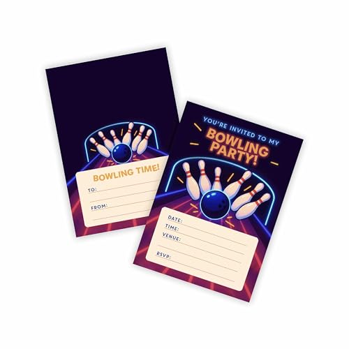 Huxters 14 pcs Bowling Birthday Kids' Party Invitations for Boys Girls Unisex Sport 10 pin Bowlings Theme Party-Invites Childrens Supplies Double-Sided (TPB)