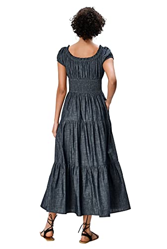 Eshakti Women's Smocked Cotton Chambray Tiered Dress 1X-18W Indigo Chambray #TOP1