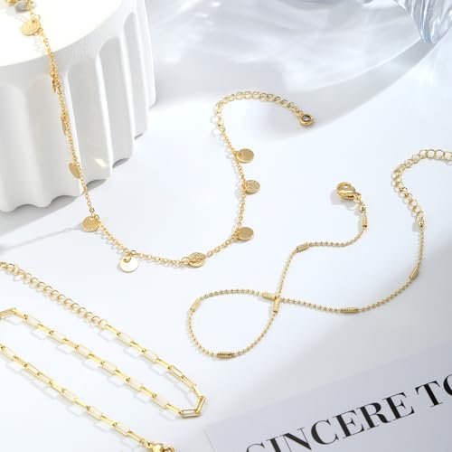 Image of Gold Ankle Bracelets for Women,14k Gold /Silver Plated Waterproof Layered lightweight Cuban Link Figaro Chain Heart anklet Bracelets Set Gold Anklets for women Trendy Jewelry Gift
