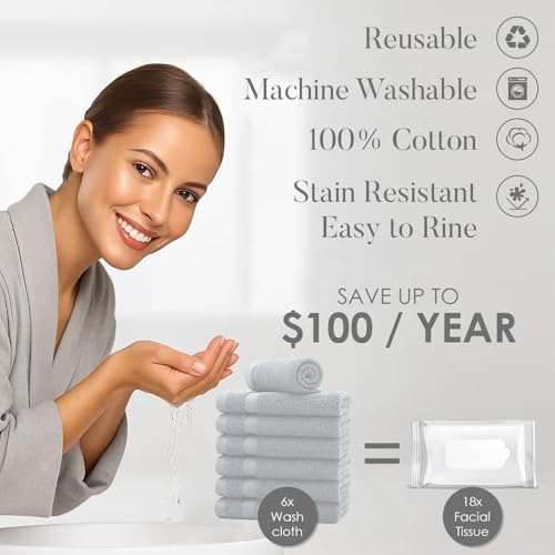 Image of DAN RIVER 12-Pack Premium 100% Cotton Highrise Face Towels for Bathroom - Reusable Face Wash Cloths for Showering 12x12 Inches - 550 GSM Super Soft & Absorbent Luxury WashCloths for Body, Spa & Gym