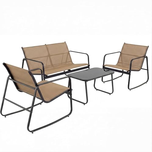GOPLUS Salon de Jardin 4 Personnes, 4Pcs Table Basse avec 2 Fauteuils Jardin+ Canapé Jardin，Salon de Bistrot avec Cadre Métallique, pour Balcon, Piscine (4 Personnes,Café)