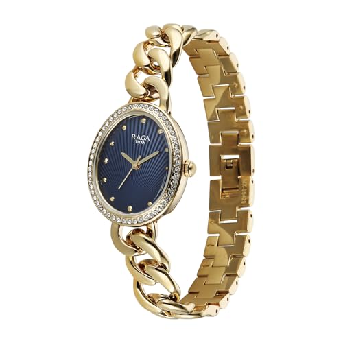 Image of Titan Raga Spotlight with Quartz Analog Blue Dial Gold Brass Strap Watch for Women - 95429YM01