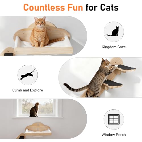 Image of XiaZ Cat Wall Hammock Mounted Bed with 4 Climbing Steps, Modern Cats Shelves and Perches up to 30lbs, Wooden Kitten Wall Furniture for Indoor Sleeping, Playing, Climbing and Lounging (Hammock)