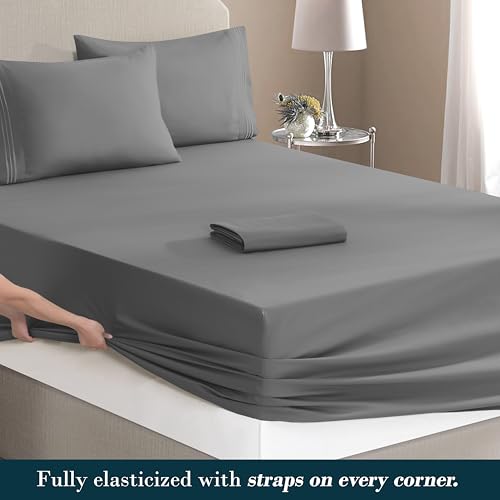 Image of Mocassi Luxury 6-Piece Sheet Set, Ultra Soft 1800 Premium Hotel Quality Microfiber Sheet Set, Fits Mattresses Up to 18 to 24 Inches Extra Deep Pocket - Breathable and Secure Fit, Full, Gray