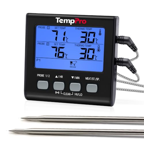 TempPro Fleischthermometer Grillthermometer mit 2 Fühlern, mit Timer, Alarm | Bratenthermometer USDA Voreinstellungen Hintergrundbeleuchtung für...
