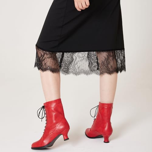 Image of Women's Victorian Ankle Boots - Mid Calf, Round Toe, Black Boots with Chunky Heel & Lace Up Detail