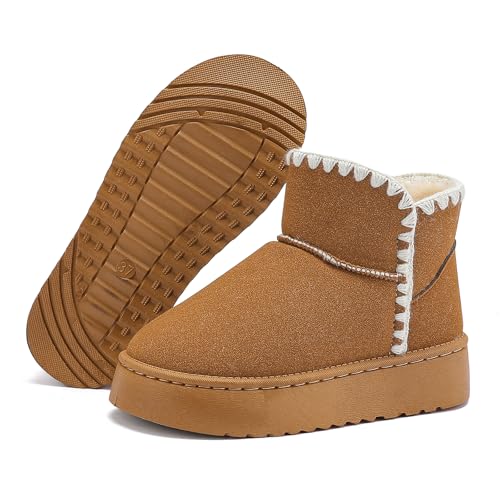 Womens Boots Classic Genuine Suede Leather Snow Winter Boots, Platform Anti-Slip Womens Fur Boots with Memory Foam, Lightweight Ankle Boots Comfort Fuzzy Slippers Shoes
