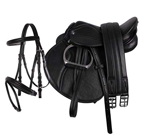 Pony Power - Sella da 33 cm, in ecopelle, set completo, colore: Nero