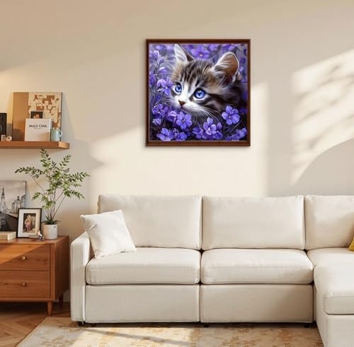 Image of QENSPE Diamond Art Kits for Adults, DIY Kitten Diamond Painting Kits, 5D Adults Full Drill Purple Flowers Diamond Dots for Beginners, Gem Art Crafts Home Wall Decor Gifts 12x12 inch