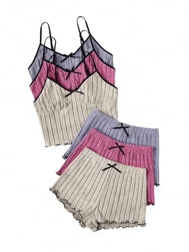 Women's 3 Pack Ribbed Pajamas Set Lettuce Trim Sleeveless Cami Crop Top and Shorts Lounge Set Sleepwear Loungewear