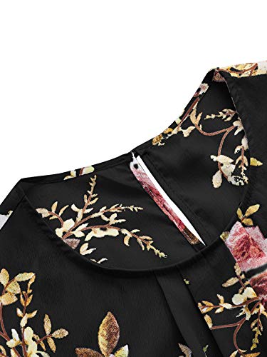 Milumia Women's Elegant Floral Print Petal Cap Sleeve Pleated Vacation Office Work Blouse Top Black Large #TOP2
