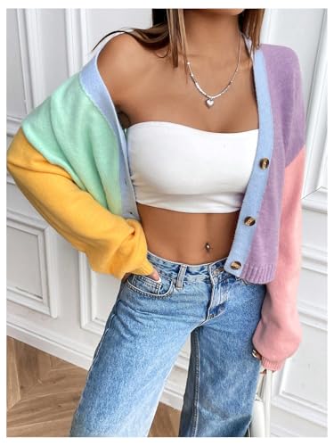 GORGLITTER Women's Colorful Button Up Cropped Cardigan Open Front Long Sleeve Lightweight Knit Sweaters4