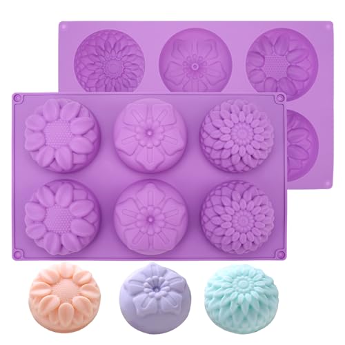 6 Cavités Moule à Savon, Ronde Moule Savon Silicone Sans Bpa Réutilisable, Moules Fleur, Doux et Facile à Libérer, Pour Diy Savon Faits Maison, Cupcakes, Pâtisserie, Pudding, Artisanat en Résine