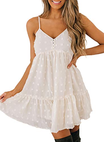 Asvivid Womens Summer Swiss Dot Dress V Neck Spaghetti Strap Sleeveless Ruffle Mini Dress
