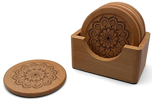 Untersetzer aus Buche für Gläser 6er Set - Glasuntersetzer mit dekorative Gravur - Holzuntersetzer rund mit Aufbewahrungsbox - eSelam Cover