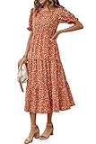 PRETTYGARDEN Summer Dresses for Women 2025 Casual Floral Boho Midi Sun Dress Puff Short Sleeve Flowy Beach Vacation Sundress (Red Orange Floral,Medium)