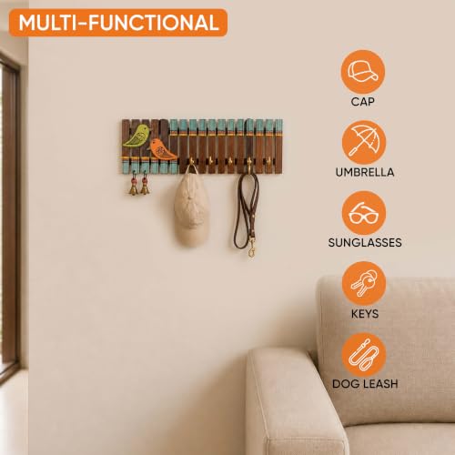 Image of Aakriti Art Creations Key Holder, Handcrafted Tribal Art Wooden Strips & Birds Design Key Hanger | Rustic Wood Wall Organizer with 5 Hooks| Storage Shelf For Keys, Hats| Multifunctional Entryway Decor