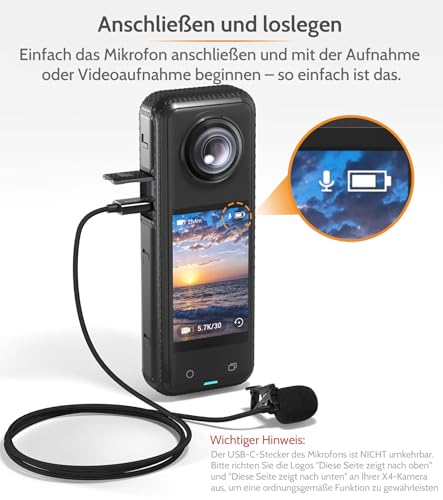 Cubilux Ansteckmikrofon für Insta360 X4, USB C Lavalier Mikrofon, omnidirektional & hochempfindlich, ideal für Vlogging, Interviews, Streaming, Vorträge & Außenaufnahmen – 1,5 m Kabel
