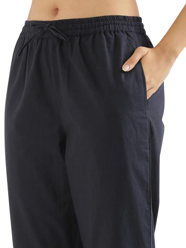 Image of SAADAA Cotton Straight Pants for Women | Breathable Everyday Wear Trousers | Drawstring, Deep Pockets & Elastic Waistband | Casual & Comfortable Fit