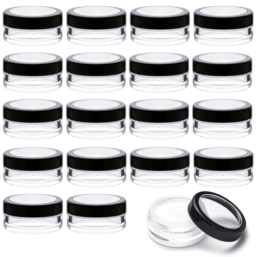 15pcs 10ml/0.34oz Plastic Empty Travel Small Loose Powder Compact Refillable Loose Powder Containers Reusable No Leak Compact with Rotatable Sifter and Black Screw Lid