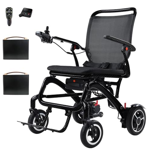 Image of 25 lbs Carbon Fiber Electric Wheelchair with Remote & Rear Controls for Adults, 29-Mile Range with Dual Batteries, Stable Front-Folding Lightweight Power Chair, Airline Approved Travel Chair, Black